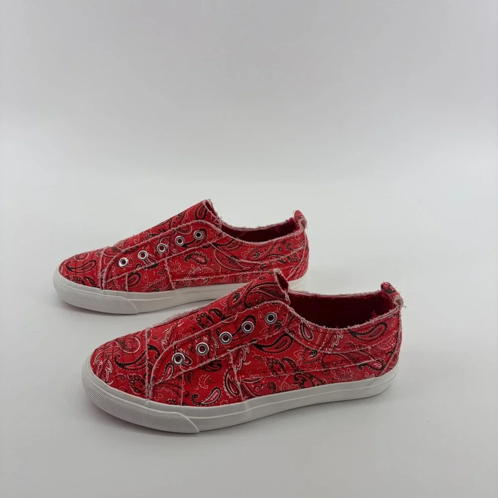 Corkys Womens 8 Red Paisley Bandana Babalu Slip On Sneakers Frayed Canvas